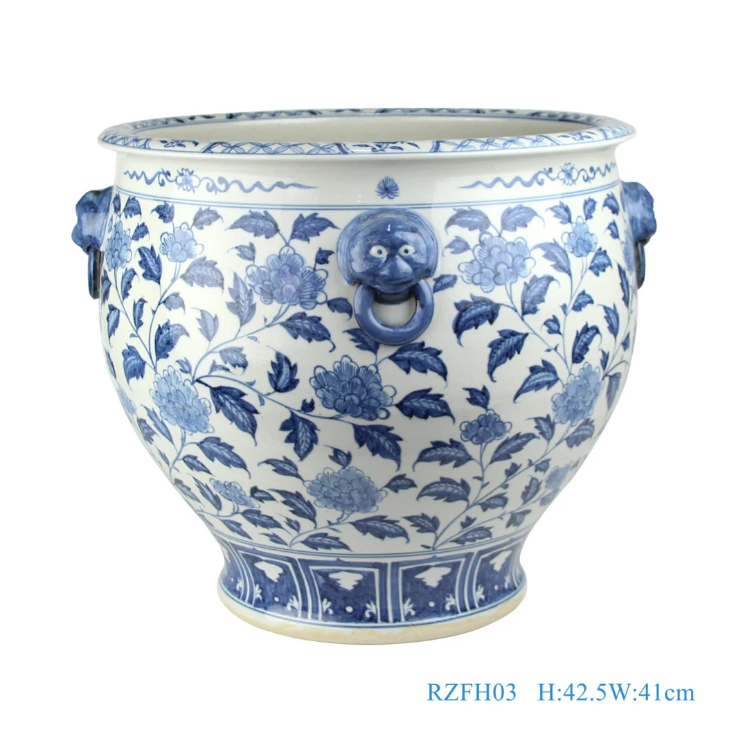 China Jingdezhen Blue and White Fishbowl Porcelain Planter with Lion Head Home Garden Ceramic Flower Pot Fish Pond