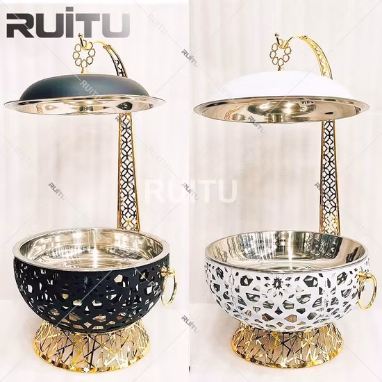 대용량 라운드 골드 꽃 장식 다이아몬드 크리스탈 매달려 알코올 풍로 달린 냄비 뷔페 세트 후크 유리 커버 음식을 따뜻하게 유지하기위한 골드 뷔페 스토브